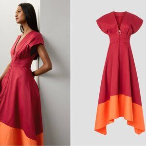 ROKSANDA Two-Tone Midi Dress Short Sleeves Plunge Neck Size 6